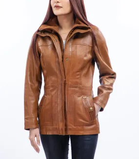Woman Real Lambskin Camel Brown Three-quarter Leather Coat