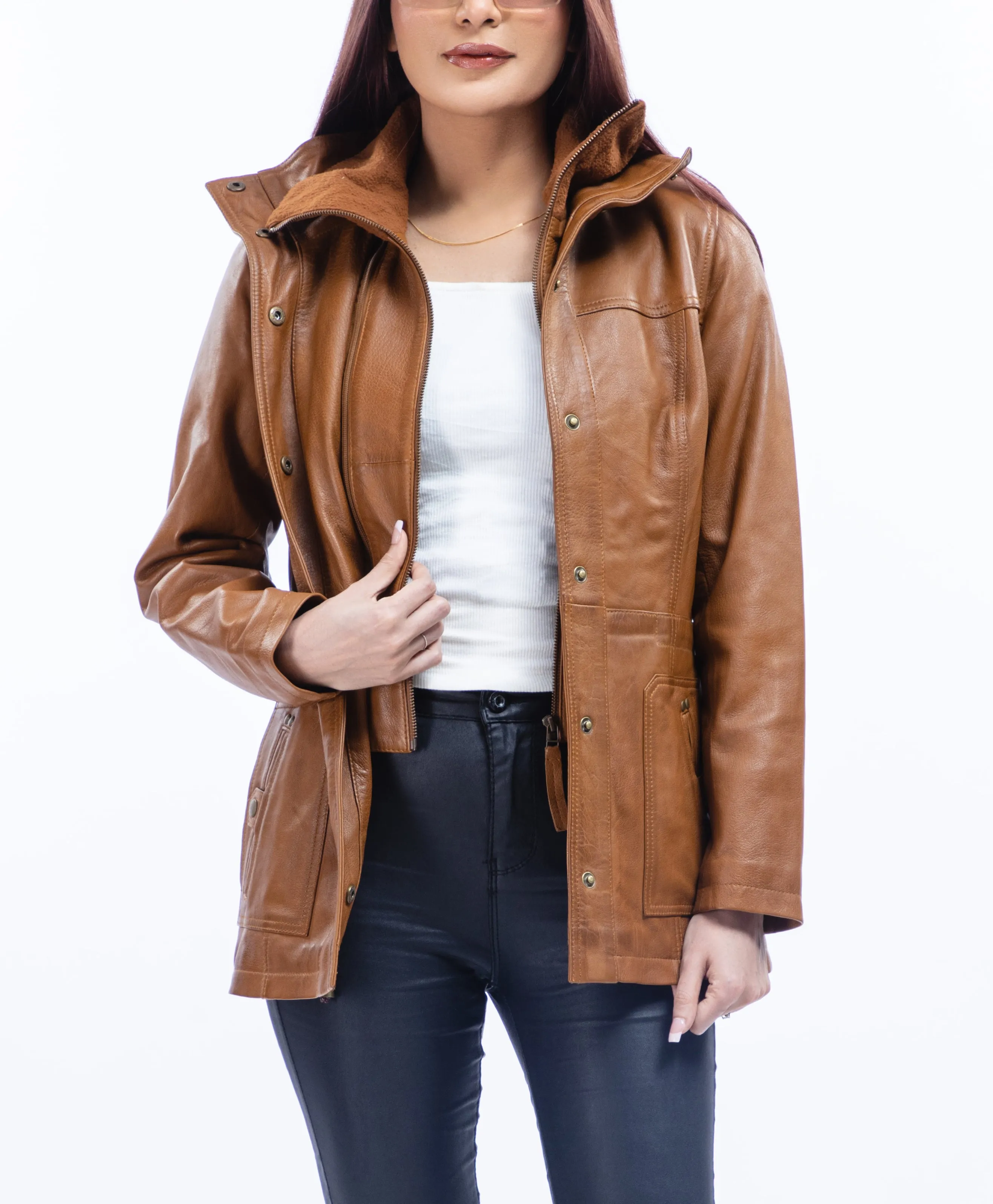 Woman Real Lambskin Camel Brown Three-quarter Leather Coat