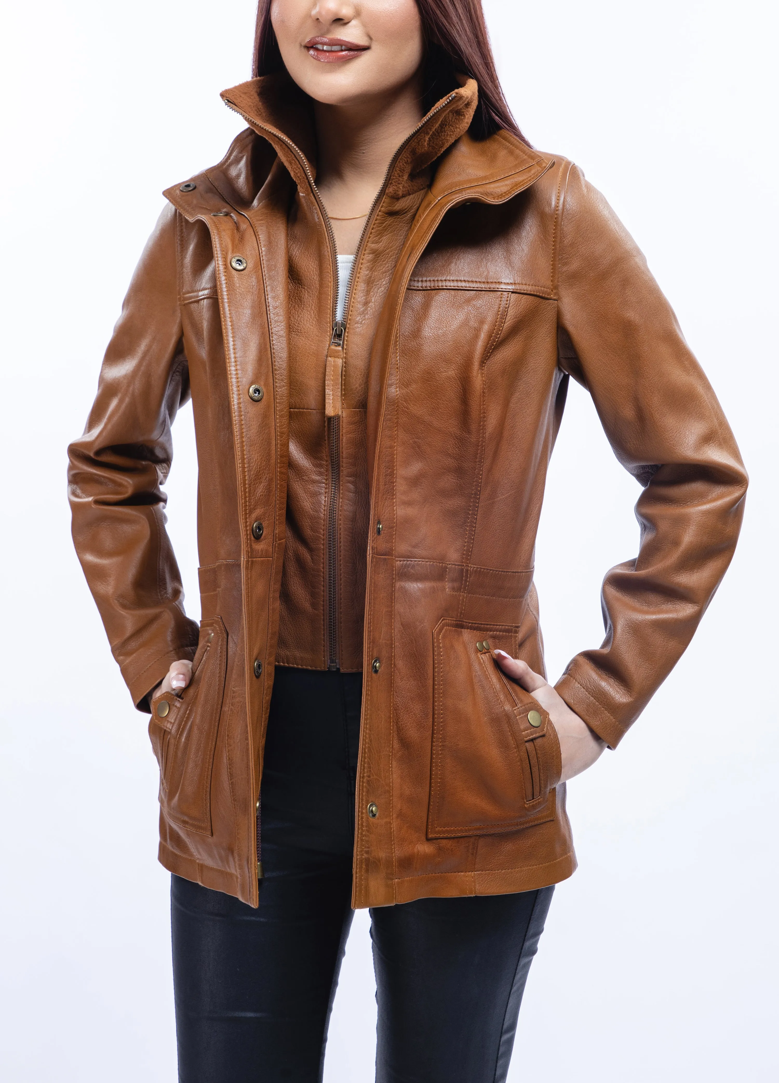 Woman Real Lambskin Camel Brown Three-quarter Leather Coat
