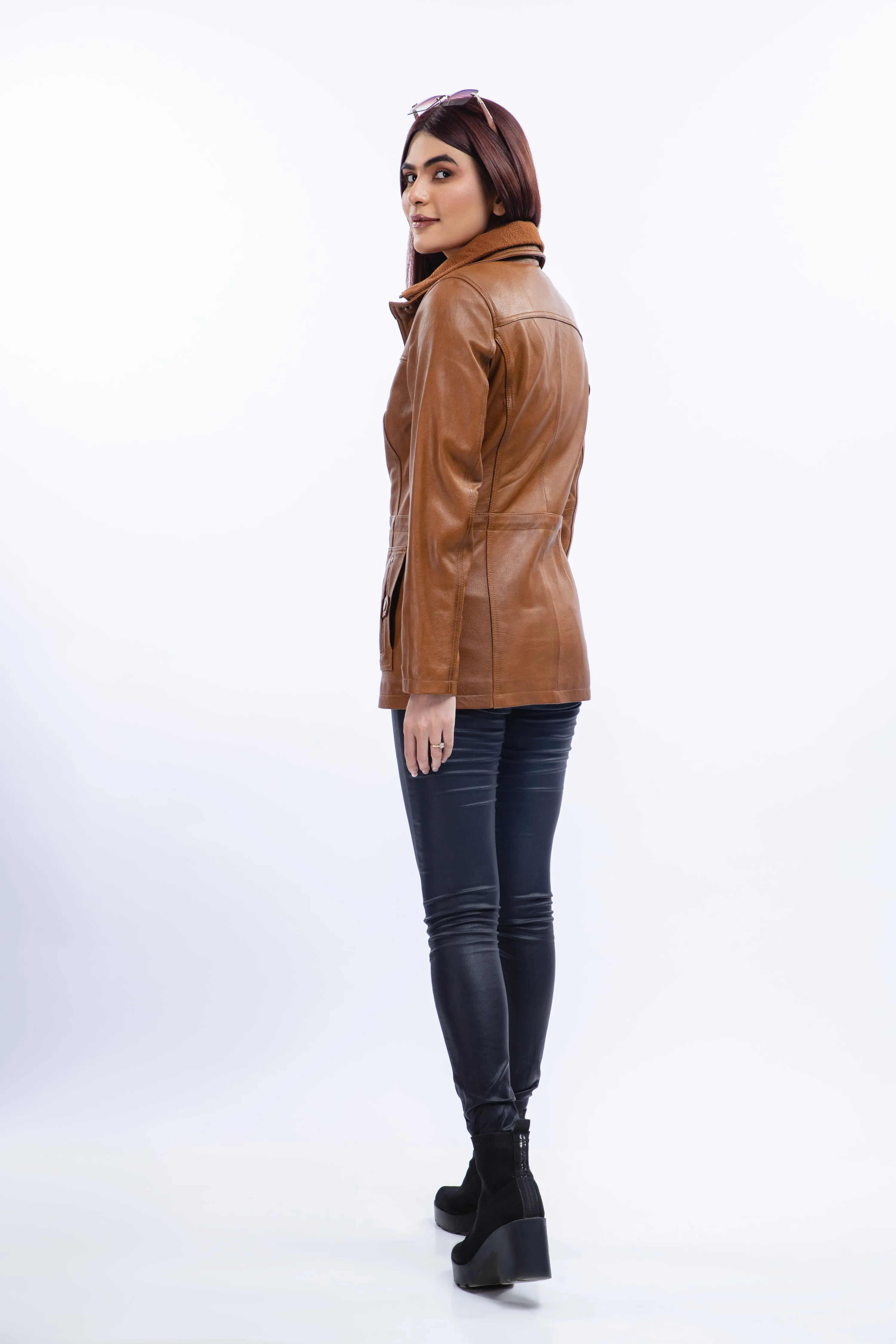 Woman Real Lambskin Camel Brown Three-quarter Leather Coat