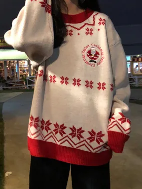 Women Christmas Father Snowflake Pattern Knitted Loose Drop Sleeve Sweaters
