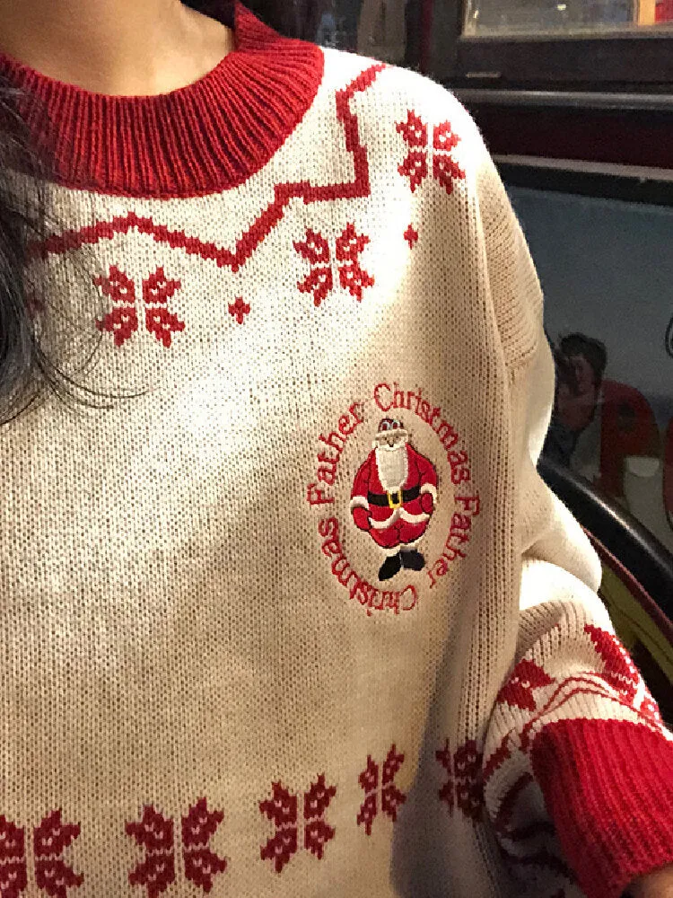 Women Christmas Father Snowflake Pattern Knitted Loose Drop Sleeve Sweaters