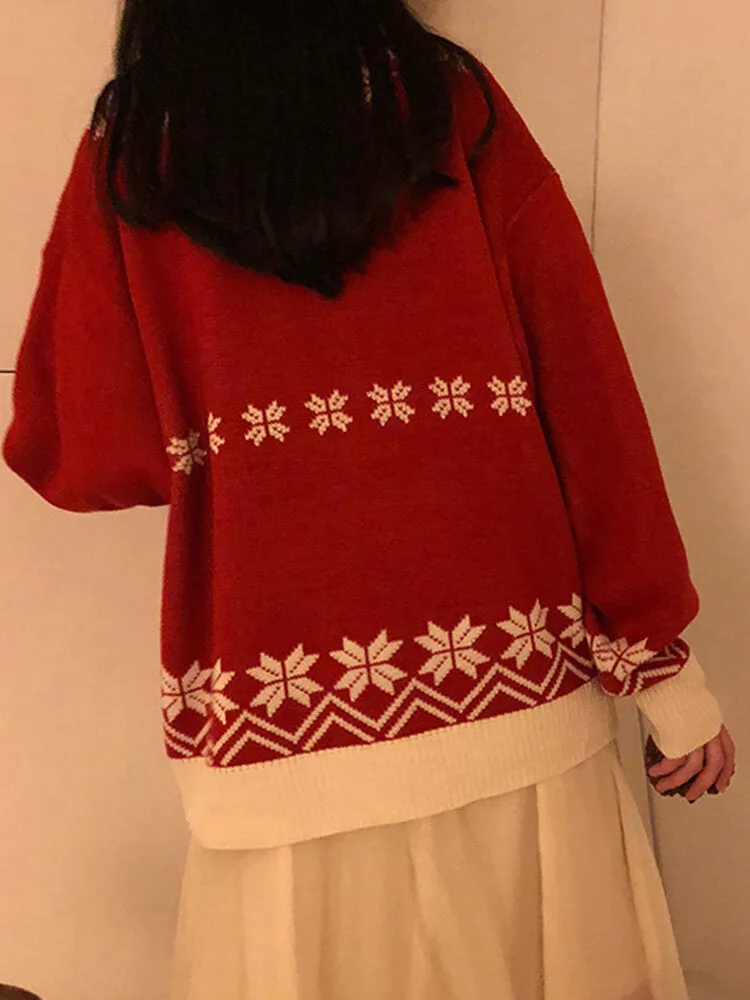 Women Christmas Father Snowflake Pattern Knitted Loose Drop Sleeve Sweaters