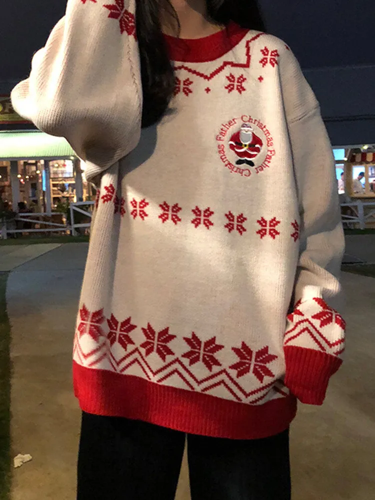 Women Christmas Father Snowflake Pattern Knitted Loose Drop Sleeve Sweaters