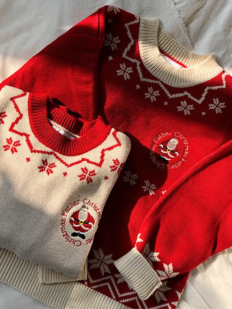 Women Christmas Father Snowflake Pattern Knitted Loose Drop Sleeve Sweaters
