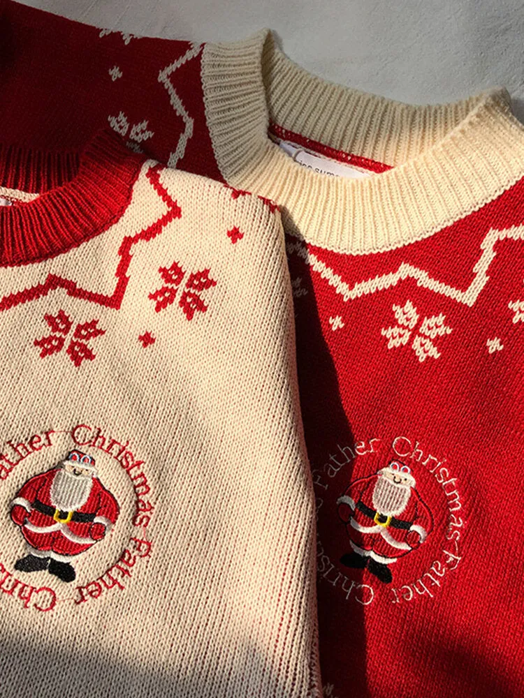 Women Christmas Father Snowflake Pattern Knitted Loose Drop Sleeve Sweaters