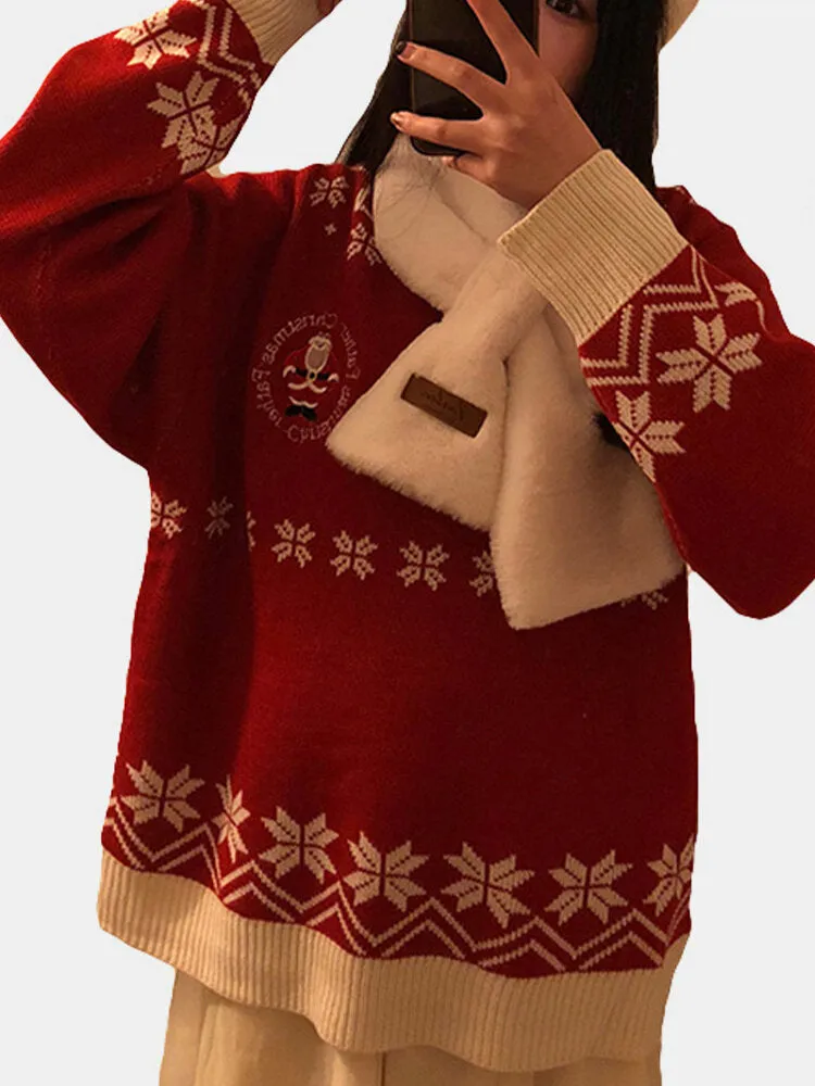 Women Christmas Father Snowflake Pattern Knitted Loose Drop Sleeve Sweaters