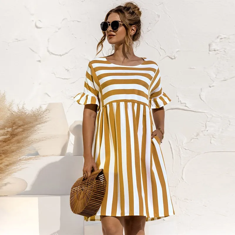 Women Striped Print Ruffles Dress