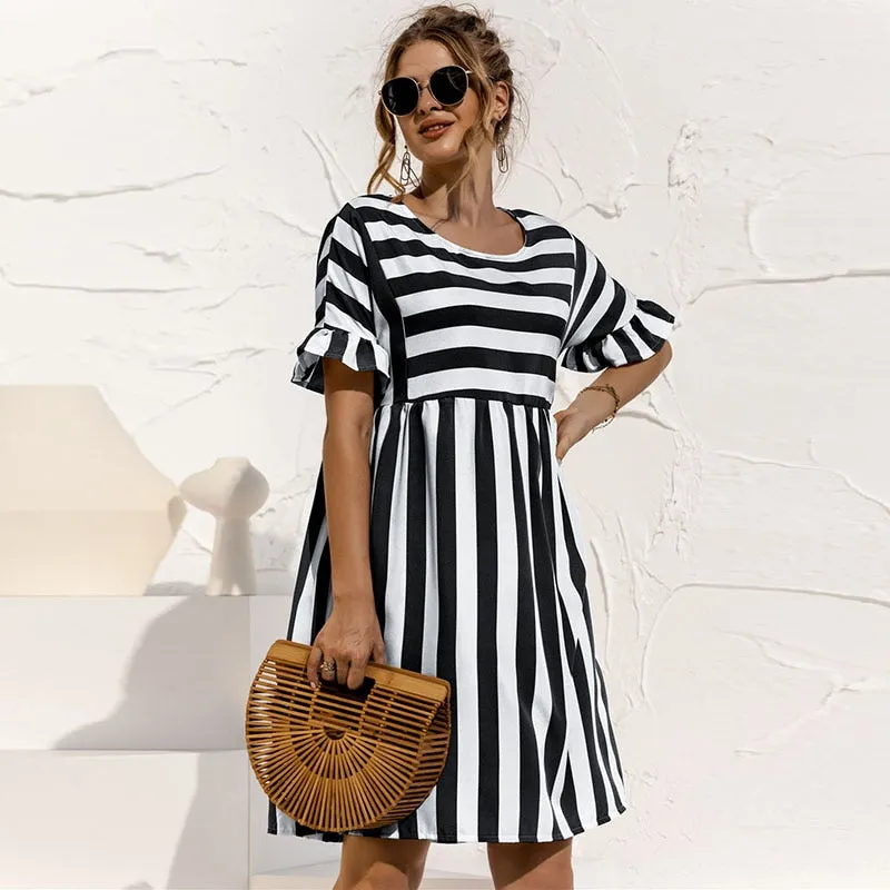 Women Striped Print Ruffles Dress