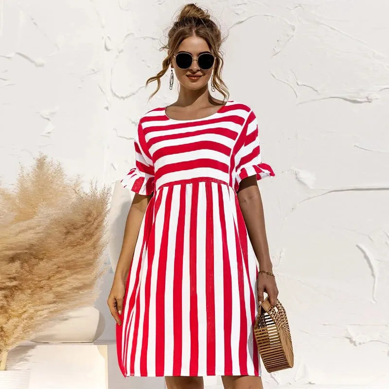 Women Striped Print Ruffles Dress