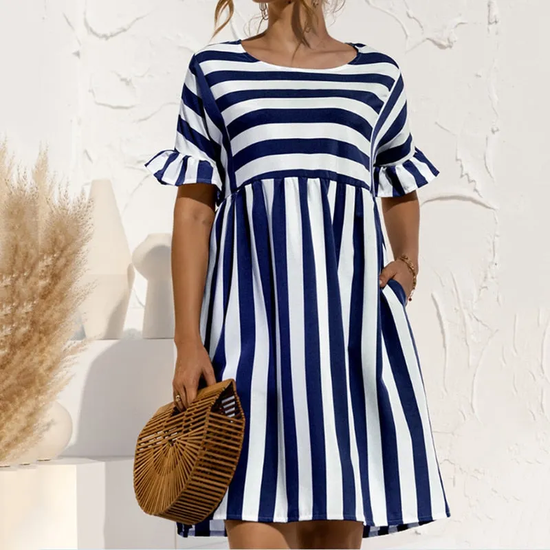Women Striped Print Ruffles Dress