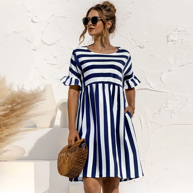 Women Striped Print Ruffles Dress