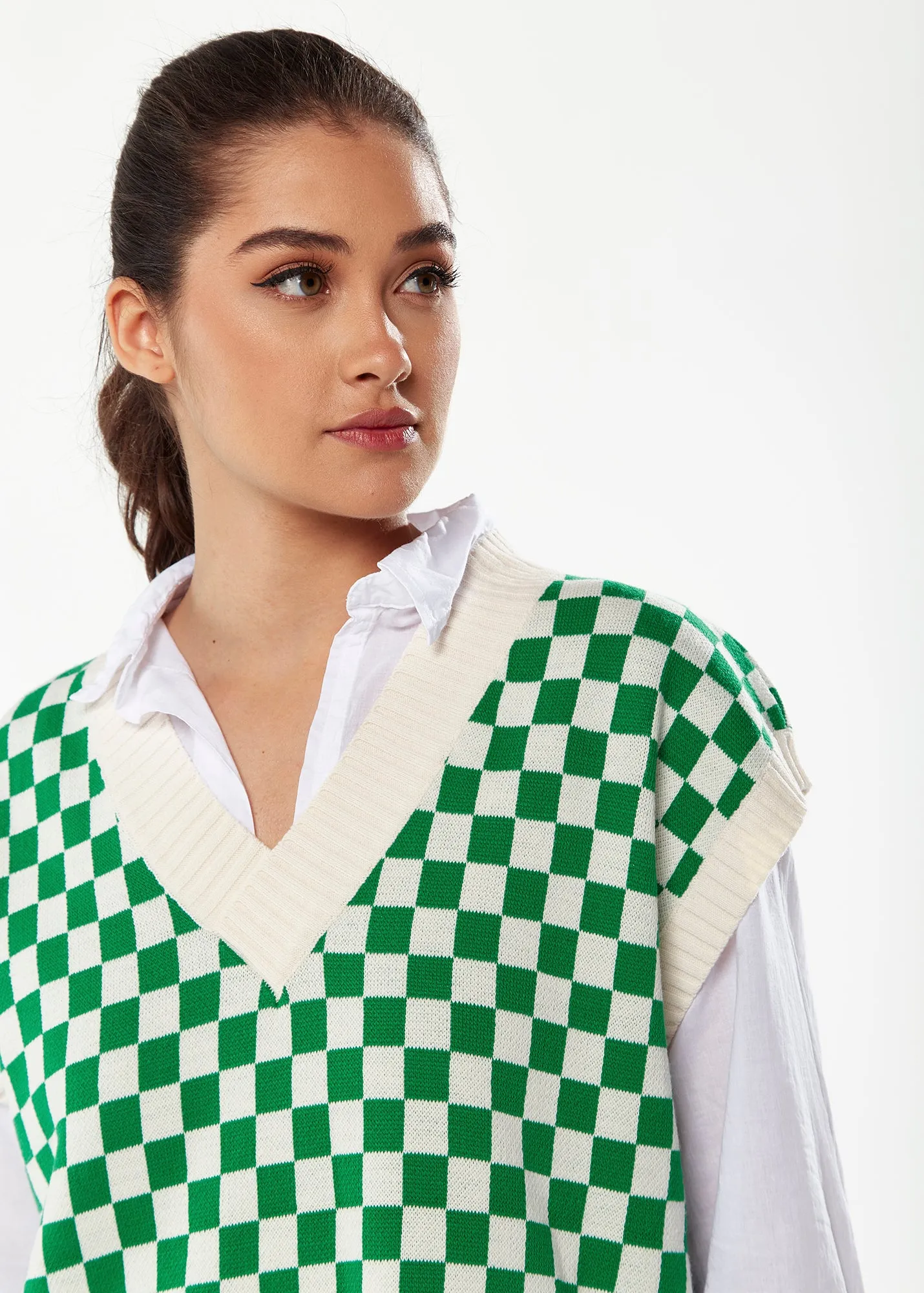 Women's Chequered Knitted Vest in Green and Cream - V-Neck, Distinctive Print, Longer Back Hem, Comfortable Fit.