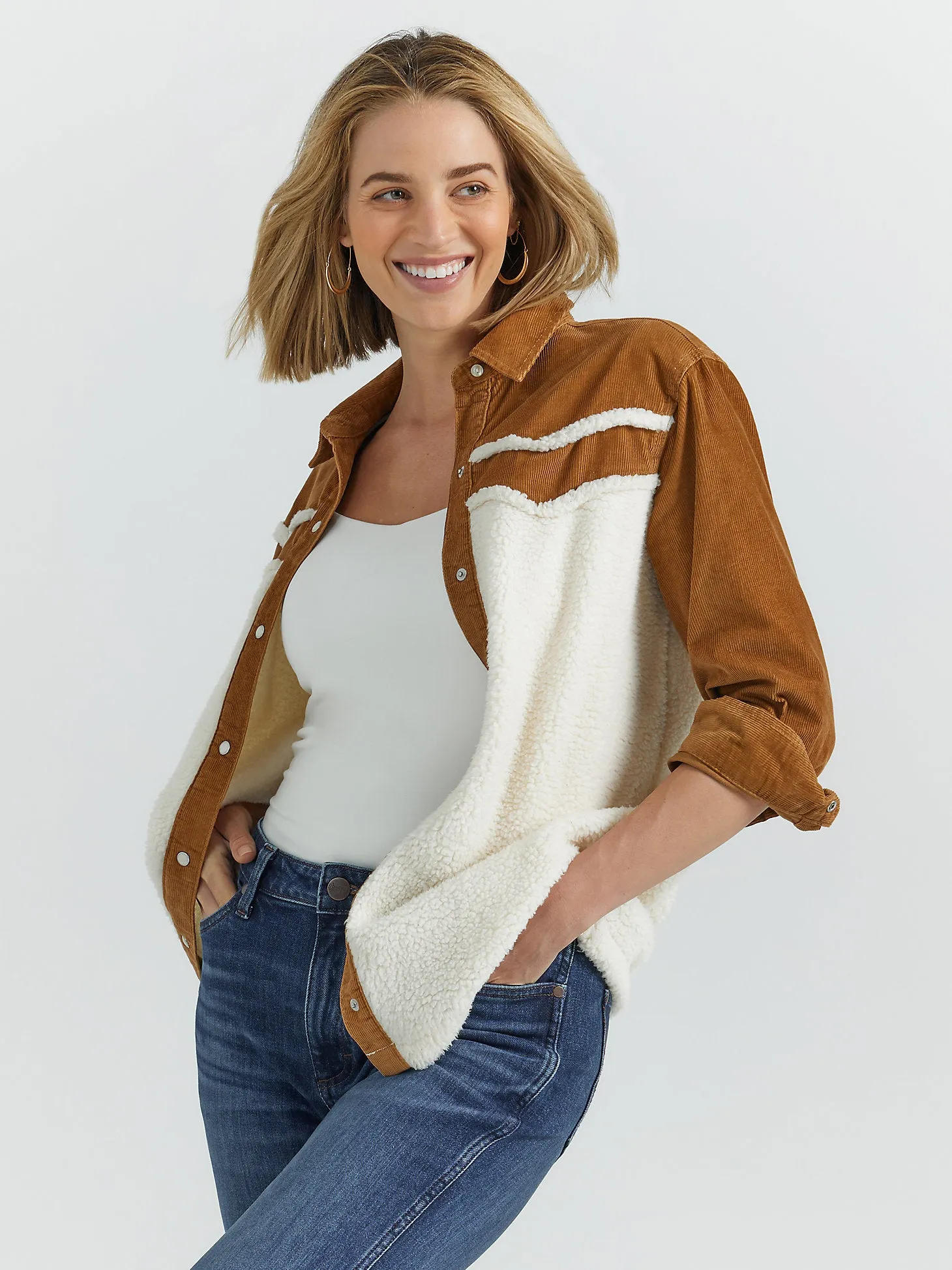 Women's Corduroy Yoke Sherpa Shirt Jacket - Caramel