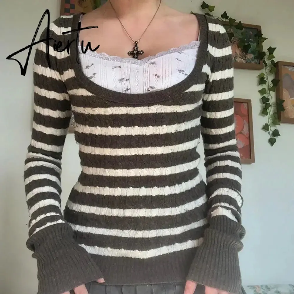 Y2K Grunge 00s Vintage Kink Sweaters Indie Retro Striped Knitted Pullovers Chic Fairy Aesthetics Preppy Jumpers Autumn Clothes