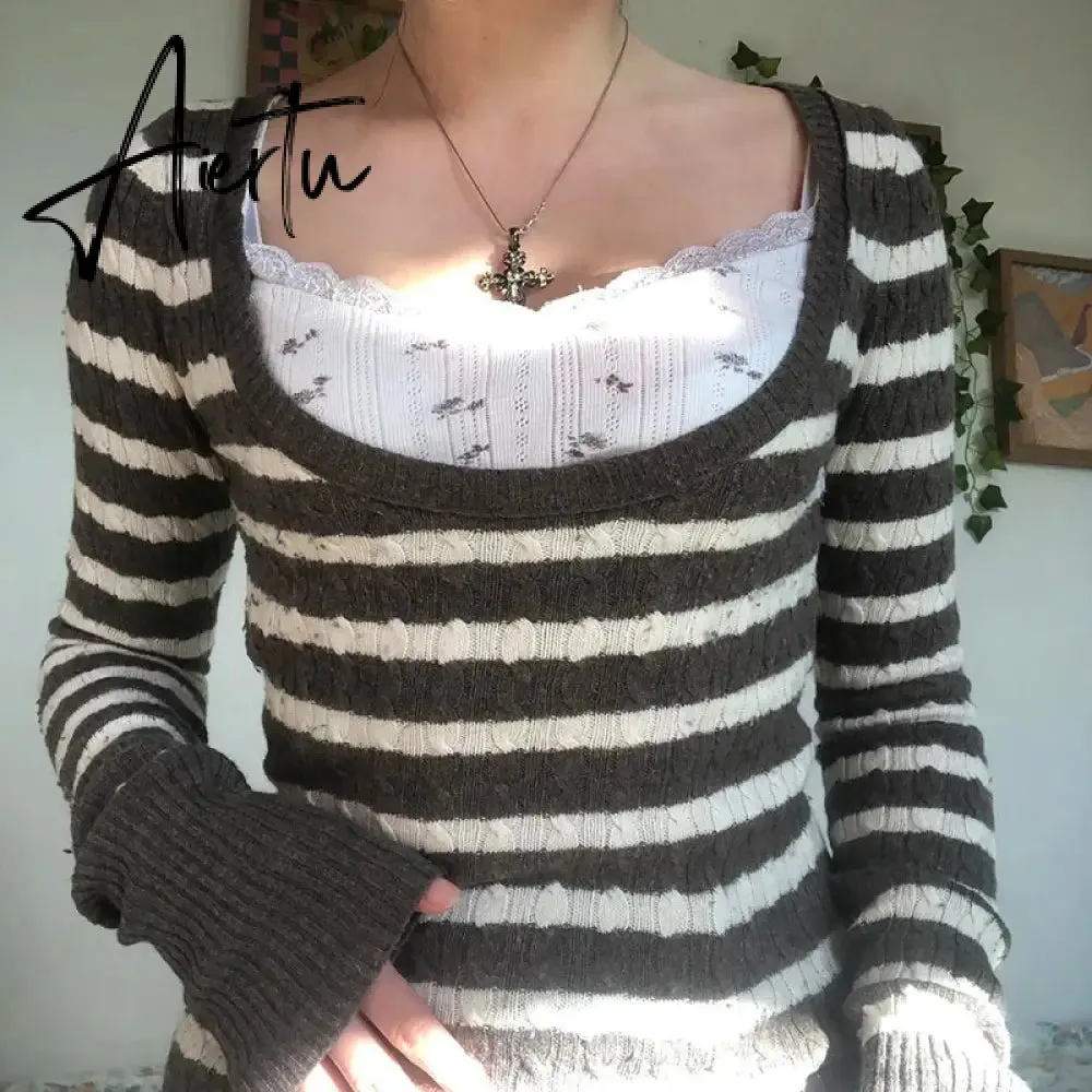 Y2K Grunge 00s Vintage Kink Sweaters Indie Retro Striped Knitted Pullovers Chic Fairy Aesthetics Preppy Jumpers Autumn Clothes