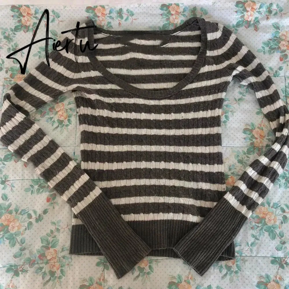Y2K Grunge 00s Vintage Kink Sweaters Indie Retro Striped Knitted Pullovers Chic Fairy Aesthetics Preppy Jumpers Autumn Clothes
