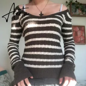 Y2K Grunge 00s Vintage Kink Sweaters Indie Retro Striped Knitted Pullovers Chic Fairy Aesthetics Preppy Jumpers Autumn Clothes
