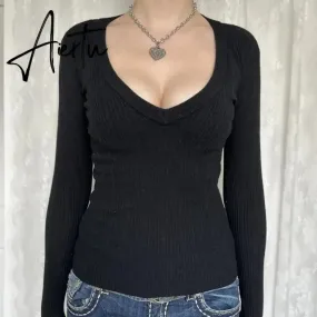 Y2K Vintage V-Neck Knitted T-shirt Autumn Long Sleeve Slim Fit Black Sweater Tees 2000s Retro Grunge Cottage Pullovers Tops