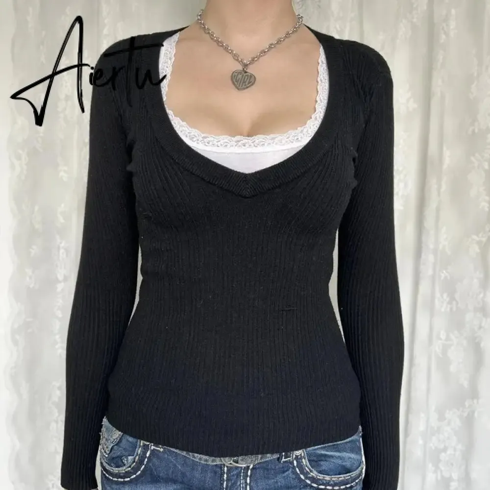 Y2K Vintage V-Neck Knitted T-shirt Autumn Long Sleeve Slim Fit Black Sweater Tees 2000s Retro Grunge Cottage Pullovers Tops
