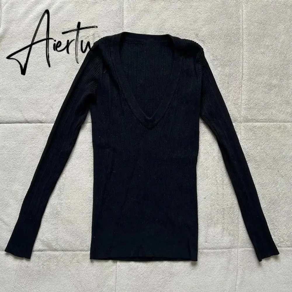 Y2K Vintage V-Neck Knitted T-shirt Autumn Long Sleeve Slim Fit Black Sweater Tees 2000s Retro Grunge Cottage Pullovers Tops
