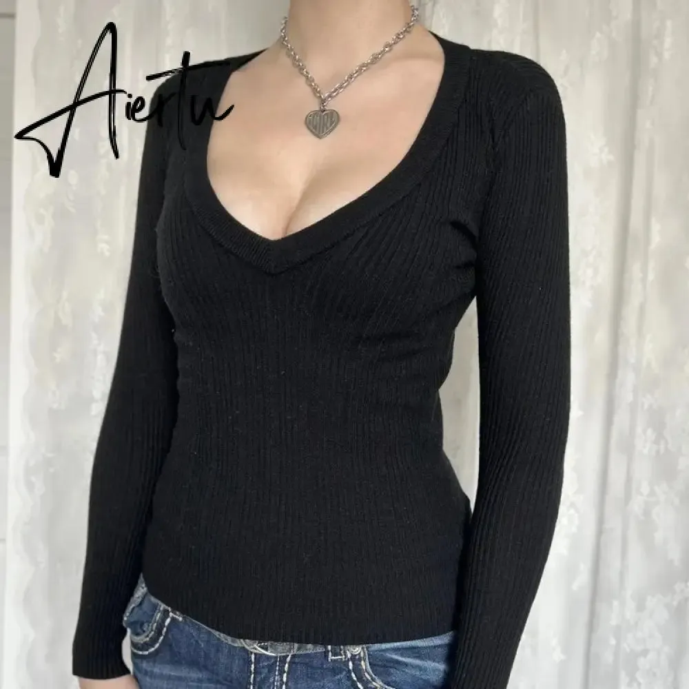 Y2K Vintage V-Neck Knitted T-shirt Autumn Long Sleeve Slim Fit Black Sweater Tees 2000s Retro Grunge Cottage Pullovers Tops