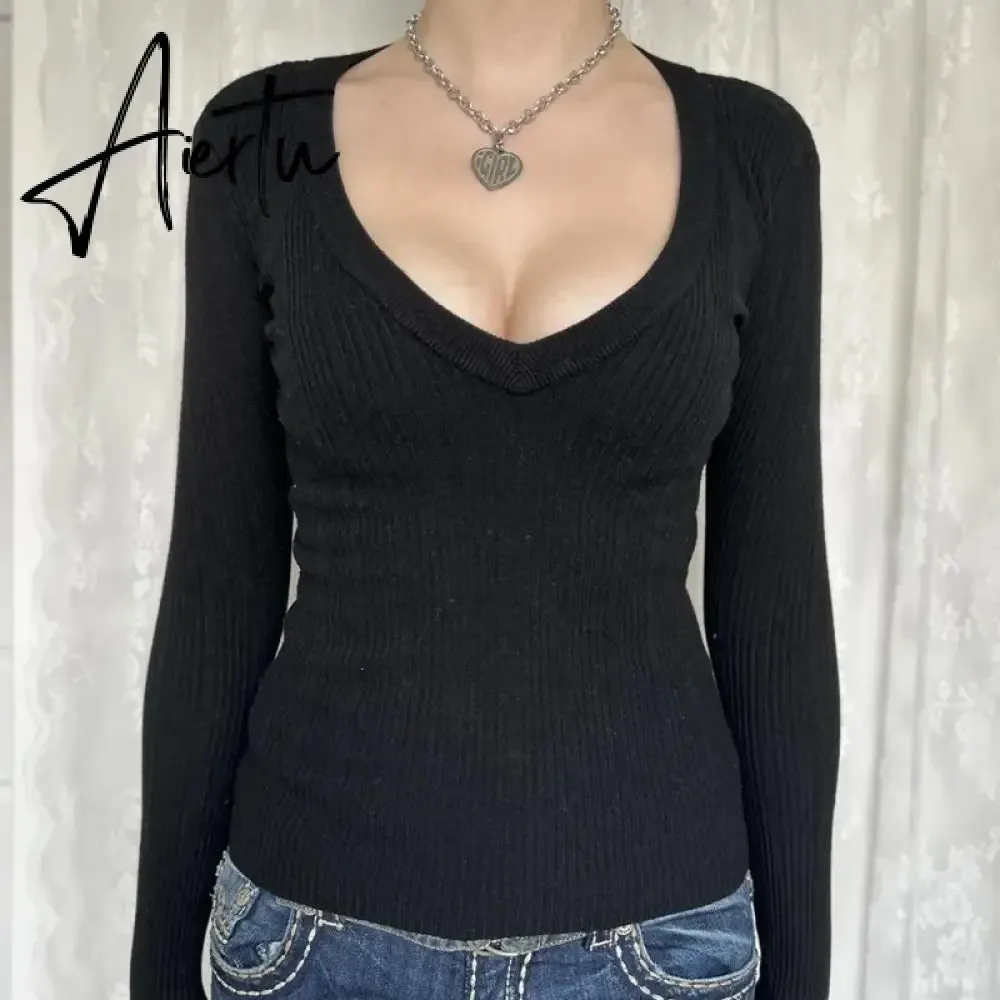 Y2K Vintage V-Neck Knitted T-shirt Autumn Long Sleeve Slim Fit Black Sweater Tees 2000s Retro Grunge Cottage Pullovers Tops
