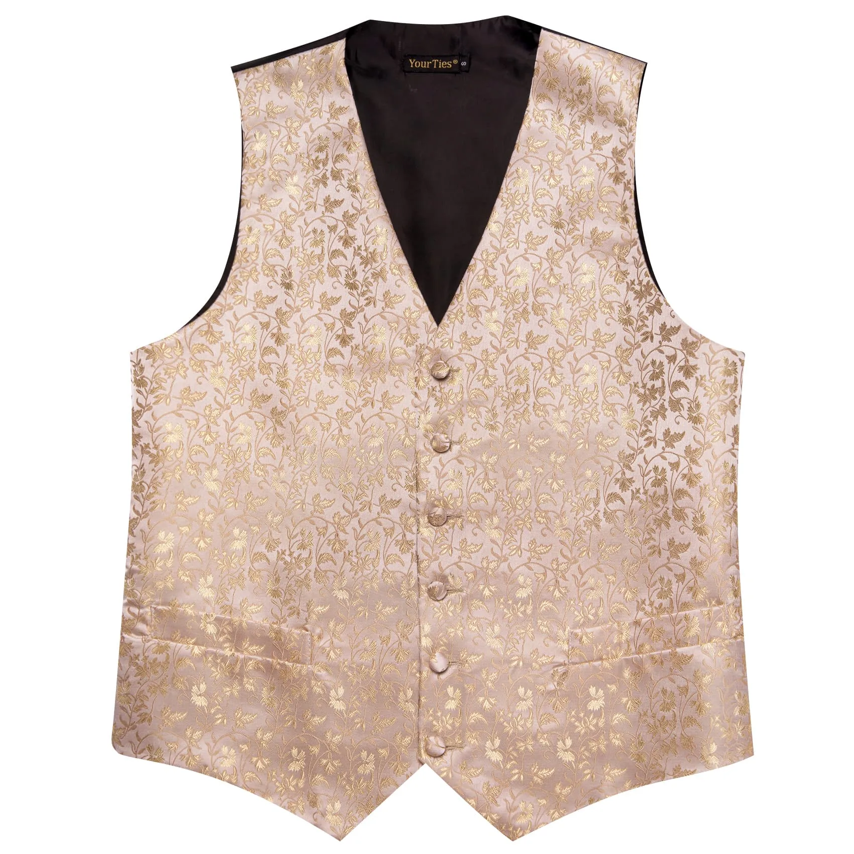 YourTies Champagne Vest Mens Jacquard Wedding Floral Vest Tie Set