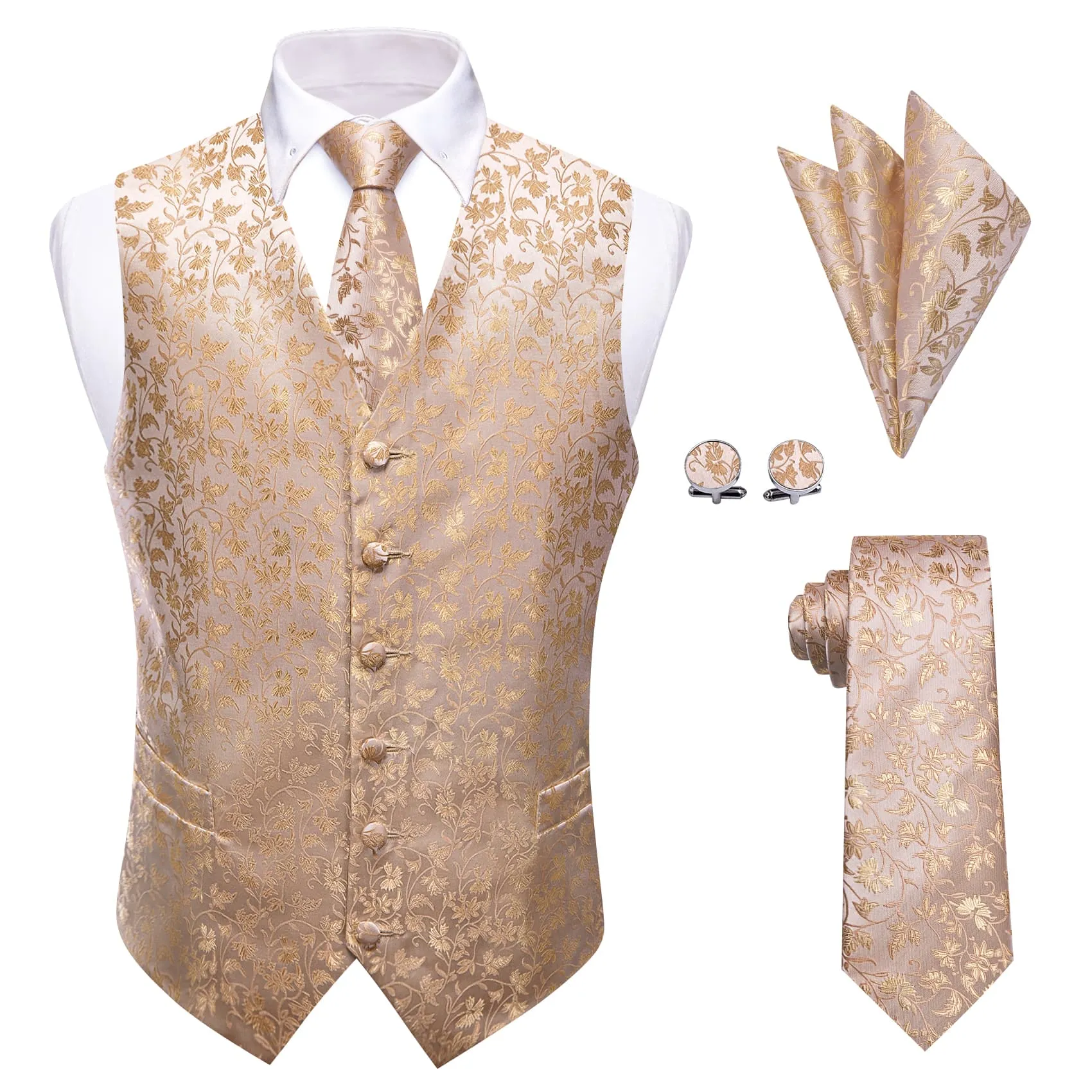 YourTies Champagne Vest Mens Jacquard Wedding Floral Vest Tie Set