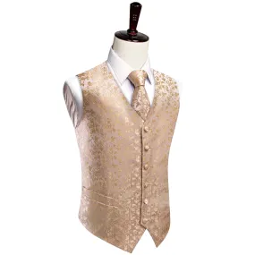 YourTies Champagne Vest Mens Jacquard Wedding Floral Vest Tie Set