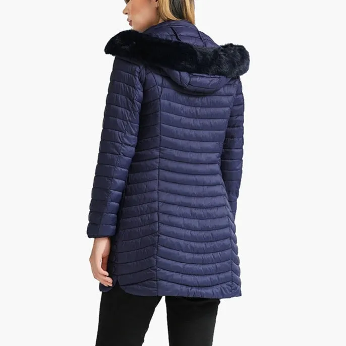 Zayla - Navy Fur Hooded Puffer Parka Coat