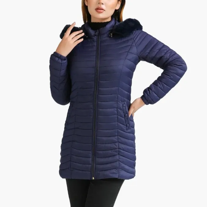 Zayla - Navy Fur Hooded Puffer Parka Coat